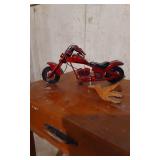 Vintage Wooden Sewing Machine Table with Red Toy Motorcycle