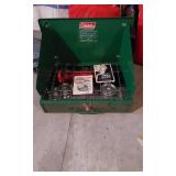 Coleman Camping Equipment including Stove, Fishing Rods, and Accessories
