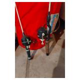 Coleman Camping Equipment including Stove, Fishing Rods, and Accessories