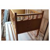 Vintage Wooden Baby Crib with Baby Deer Sticker and Rolling Wheels