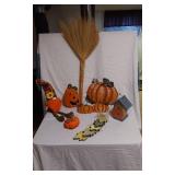 Fall and Halloween Decor Set including Decorative Broom, Pumpkin Ornaments, and Leaf Accents