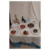 Collector Plates and Decorative Items including Christmas Plates, Glass Figurines, and Brass Bells