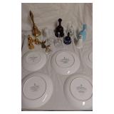 Collector Plates and Decorative Items including Christmas Plates, Glass Figurines, and Brass Bells