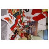Lot of Christmas Decorations and Stockings with Plush Toys