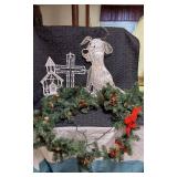 Holiday Decorations including Lighted Dog, Church, Cross, and Garland