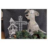 Holiday Decorations including Lighted Dog, Church, Cross, and Garland