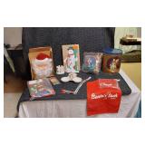 Vintage Christmas Decorations including Santa Wall Hanging, Snowman Countdown Calendar, and Assorted Holiday Items