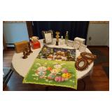 Home Interiors Wooden Candlesticks, Avon Teapot, Picture Frames, and Holiday Decorations