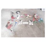 Wooden Lawn Ornaments Including Dogs, Flowers, and Birds