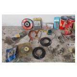 Assorted Hardware and Tools Lot including SKIL Grinding Wheel, Wire Connectors, and Hooks