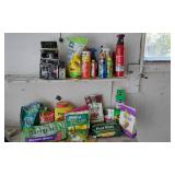 Used Garden Supplies Lot including Miracle-Gro, Ortho Sevin, Dragon Repellent, Potting Mix, and Fire Extinguishers