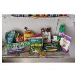 Used Garden Supplies Lot including Miracle-Gro, Ortho Sevin, Dragon Repellent, Potting Mix, and Fire Extinguishers