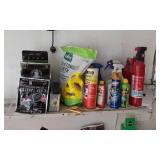 Used Garden Supplies Lot including Miracle-Gro, Ortho Sevin, Dragon Repellent, Potting Mix, and Fire Extinguishers