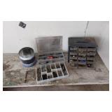 Assorted Hardware and Fasteners including C-Clamp, Metal Box with Drawers, and Organizer