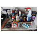 Lot of Used Automotive and Cleaning Supplies Including WD-40, Brake Parts Cleaner, and Detailer Wipes