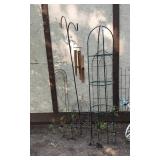 Metal garden decor including Shepherds hooks,  plant stands, bird decorations, and windmill