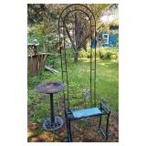 Garden Trellis, Bench, Bird Bath and Metal Table