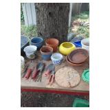 Lot of Gardening and Outdoor Decor Items including Pots, Tools, and Accessories