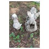 Concrete Animal and Bird Garden Statues, Including Dog, Cow, and Parrot