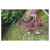 Vintage Metal Garden Bench, Cart, Fan, and White Metal Bench