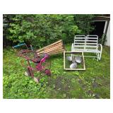 Vintage Metal Garden Bench, Cart, Fan, and White Metal Bench