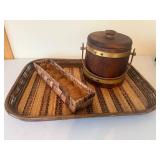Vintage Serving Ware - Wooden Bucket, Rattan Serving Tray and Small Woven Basket Vintage Serving Ware - Wooden Bucket, Rattan Serving Tray and Small Woven Basket