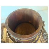 Vintage Serving Ware - Wooden Bucket, Rattan Serving Tray and Small Woven Basket Vintage Serving Ware - Wooden Bucket, Rattan Serving Tray and Small Woven Basket