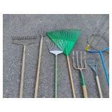 Lot of Rakes, Tomato Cages and Asst Gardening Tools Lot of Rakes, Tomato Cages and Asst Gardening Tools