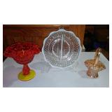 Fenton (2) And Dugan. Amberina Thumbprint, Opalescent Moonstone, Marigold Carnival Basketweave.