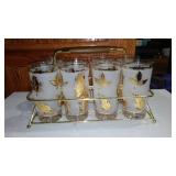 1960 Libby Gold Foil Glasses And Caddy