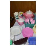 Assortment Of Tupperware Toys Dishes, Doll House Furniture And More.