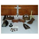 1920s Wall Sconce, Foreign Coins, Metal SAD Irons, And More.