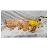 Vintage Marigold Carnival Glass Candy Dish, Carnival Glass Basket, Carnival Compote w/Peacock Tail Pattern