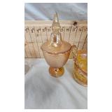 Vintage Marigold Carnival Glass Candy Dish, Carnival Glass Basket, Carnival Compote w/Peacock Tail Pattern