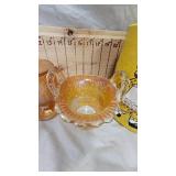 Vintage Marigold Carnival Glass Candy Dish, Carnival Glass Basket, Carnival Compote w/Peacock Tail Pattern