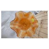 Vintage Marigold Carnival Glass Candy Dish, Carnival Glass Basket, Carnival Compote w/Peacock Tail Pattern