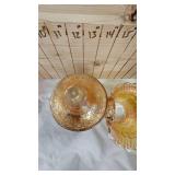 Vintage Marigold Carnival Glass Candy Dish, Carnival Glass Basket, Carnival Compote w/Peacock Tail Pattern