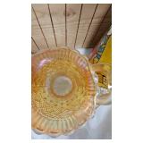 Vintage Marigold Carnival Glass Candy Dish, Carnival Glass Basket, Carnival Compote w/Peacock Tail Pattern