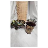 Imperial Scroll Embossed Pattern Carnival Glass Dish, Ruffled Hat Vase in Blackberry Spray, Raspberry Glass