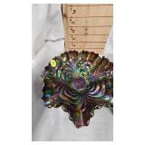 Imperial Scroll Embossed Pattern Carnival Glass Dish, Ruffled Hat Vase in Blackberry Spray, Raspberry Glass