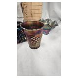 Imperial Scroll Embossed Pattern Carnival Glass Dish, Ruffled Hat Vase in Blackberry Spray, Raspberry Glass