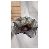 Imperial Scroll Embossed Pattern Carnival Glass Dish, Ruffled Hat Vase in Blackberry Spray, Raspberry Glass