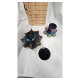 Imperial Scroll Embossed Pattern Carnival Glass Dish, Ruffled Hat Vase in Blackberry Spray, Raspberry Glass