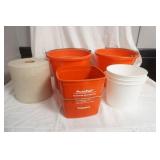 Red Sani Buckets & Large Brown Paper Towel Roll