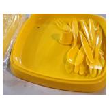 Plastic Dishware Set - Plates, Bowls, Serving Trays, Utensils (Yellow)