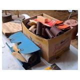 Lot of (1 Box) Assorted Sanding Materials - Belts, Discs, Sheets + Dispenser