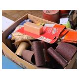 Lot of (1 Box) Assorted Sanding Materials - Belts, Discs, Sheets + Dispenser