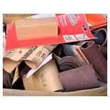 Lot of (1 Box) Assorted Sanding Materials - Belts, Discs, Sheets + Dispenser