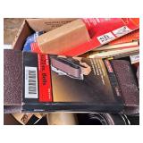 Lot of (1 Box) Assorted Sanding Materials - Belts, Discs, Sheets + Dispenser