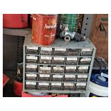 Shelf Lot - Parts Organizers with Hardwares, Assorted Hardwares, Threaded Bolts, Springs, Nails, Nut/Bolt Gauge
